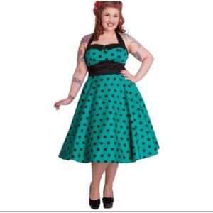 Hell Bunny Vixen Teal Polka Dot Halter Dress XS Pin Up 50s Retro Swing NWT